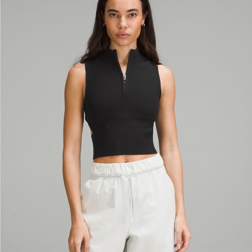 lululemon athletica Black Ribbed Zip-Front Cropped Tank